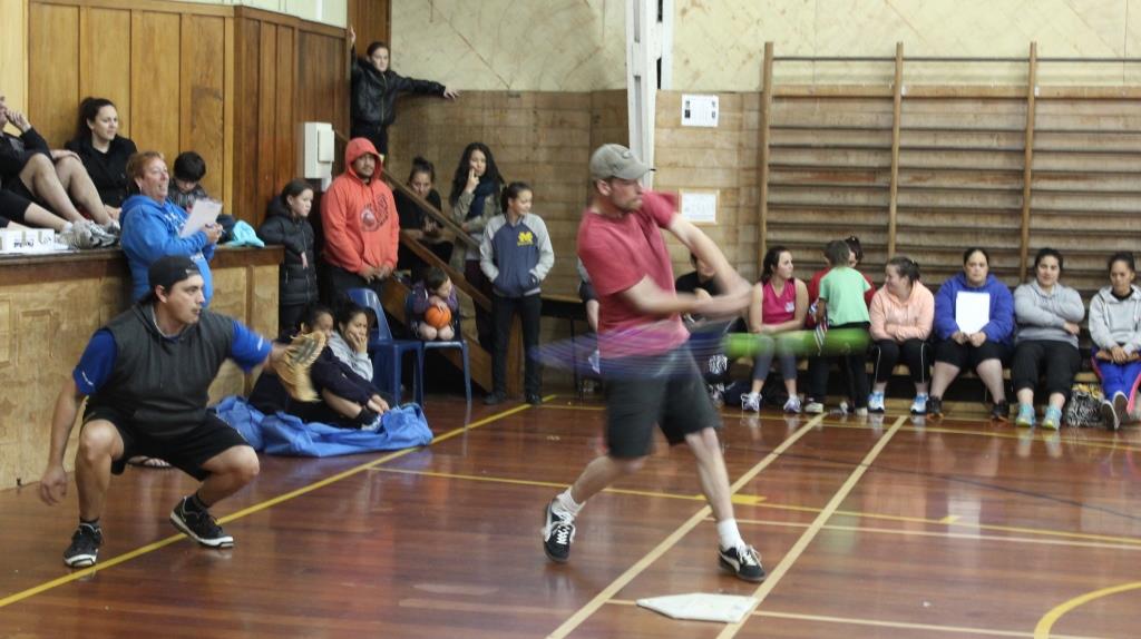 FAST FUN: Charlie Smith, Hawera, smacks the ball into the outfield during an indoor softball game in New Plymouth. Photo: Sharyn Smart 