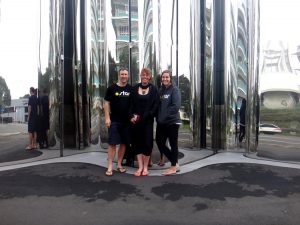 Jason, Lynn and Anna outside the Govett-Brewster Art Gallery and Len Lye Centre in New Plymouth. (Photo supplied)